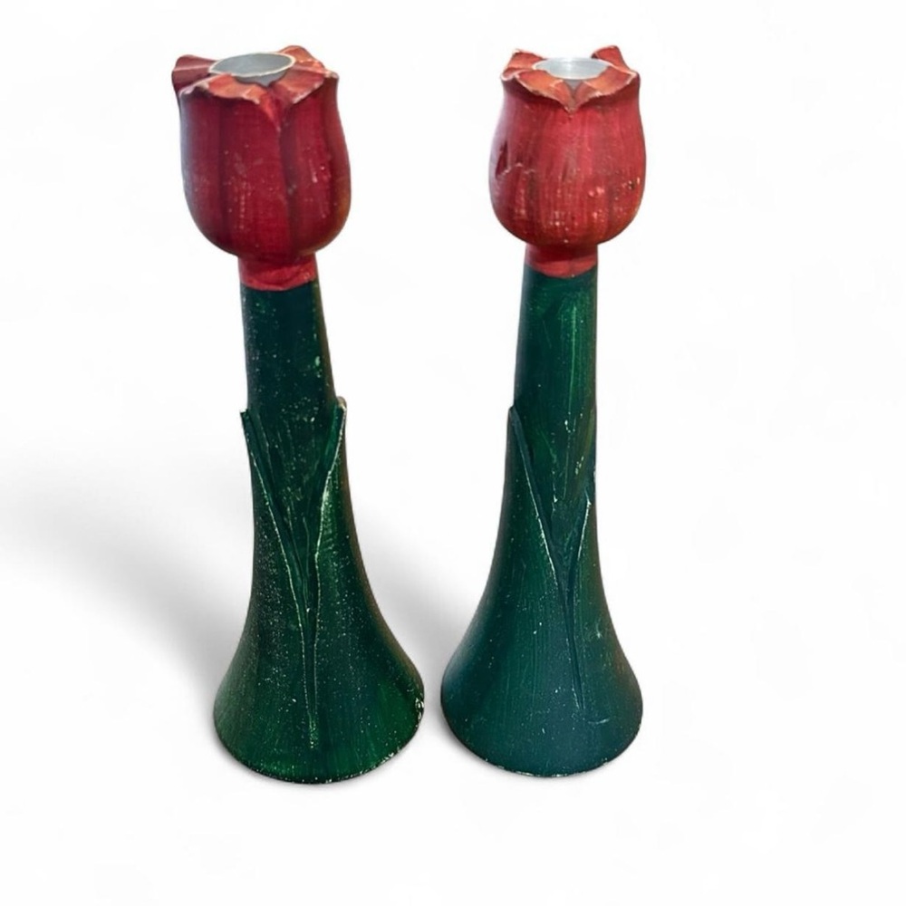 Vintage Hand Carved Wood Tulip Candle Holders 10” Floral Set Of 2 Cottagecore